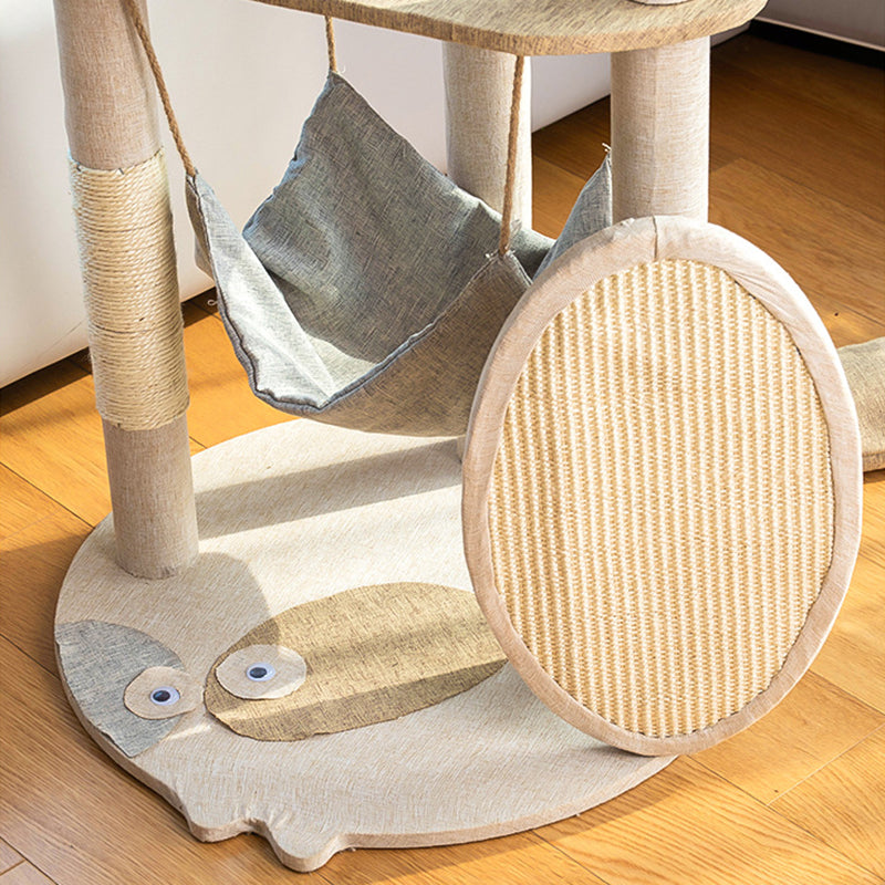 Contemporary Creative Round Particle Board Faux Linen Sisal Cat Tree 3/4-Tier For Living Room