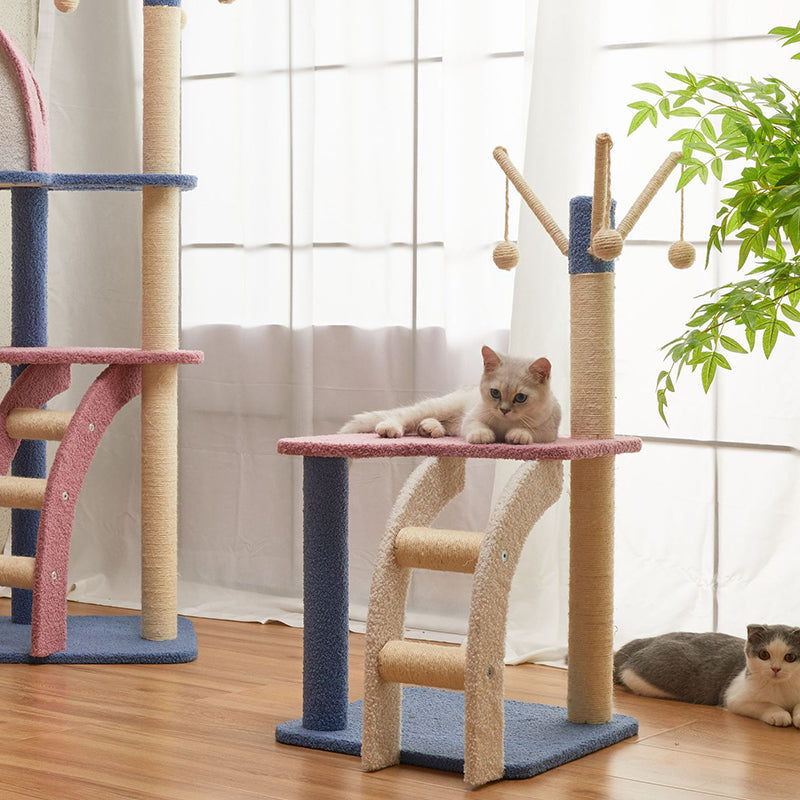 Contemporary Creative Square Particle Board Velvet Fabric Jute Rope Cat Tree 2/3-Tier For Living Room