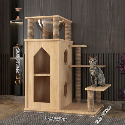 Contemporary Creative Rectangular Multi-Layer Solid Wood Panel Pine Wood Jute Rope Cat Tree 3/4/5-Tier For Living Room