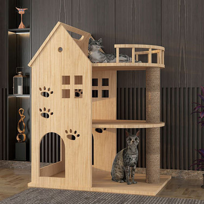 Contemporary Creative Rectangular Multi-Layer Solid Wood Panel Pine Wood Jute Rope Cat Tree 3/4/5-Tier For Living Room