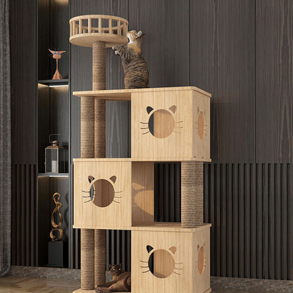 Contemporary Creative Rectangular Multi-Layer Solid Wood Panel Pine Wood Jute Rope Cat Tree 3/4/5-Tier For Living Room
