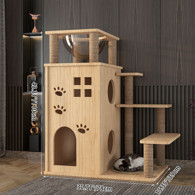 Contemporary Creative Rectangular Multi-Layer Solid Wood Panel Pine Wood Jute Rope Cat Tree 3/4/5-Tier For Living Room