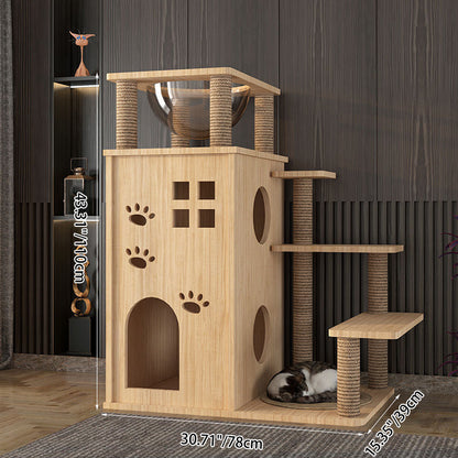 Contemporary Creative Rectangular Multi-Layer Solid Wood Panel Pine Wood Jute Rope Cat Tree 3/4/5-Tier For Living Room
