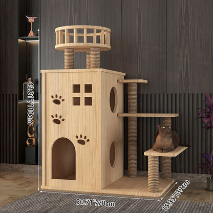 Contemporary Creative Rectangular Multi-Layer Solid Wood Panel Pine Wood Jute Rope Cat Tree 3/4/5-Tier For Living Room