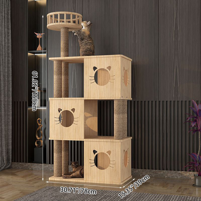 Contemporary Creative Rectangular Multi-Layer Solid Wood Panel Pine Wood Jute Rope Cat Tree 3/4/5-Tier For Living Room