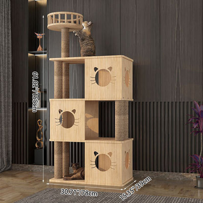 Contemporary Creative Rectangular Multi-Layer Solid Wood Panel Pine Wood Jute Rope Cat Tree 3/4/5-Tier For Living Room