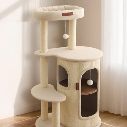 Contemporary Scandinavian Round Particle Board Sisal Linen Cotton Fabric Cat Tree 4-Tier For Living Room
