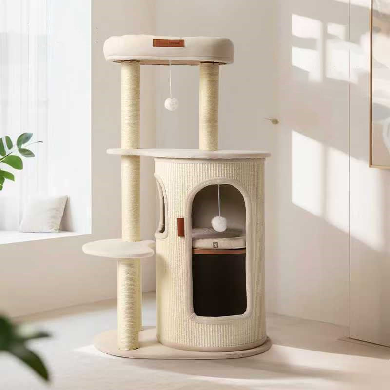 Contemporary Scandinavian Round Particle Board Sisal Linen Cotton Fabric Cat Tree 4-Tier For Living Room