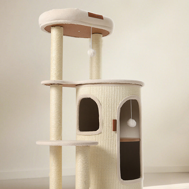 Contemporary Scandinavian Round Particle Board Sisal Linen Cotton Fabric Cat Tree 4-Tier For Living Room
