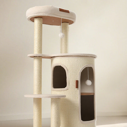 Contemporary Scandinavian Round Particle Board Sisal Linen Cotton Fabric Cat Tree 4-Tier For Living Room