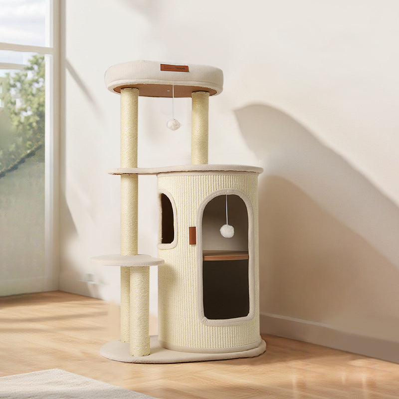 Contemporary Scandinavian Round Particle Board Sisal Linen Cotton Fabric Cat Tree 4-Tier For Living Room