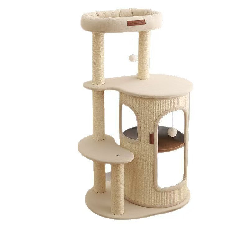 Contemporary Scandinavian Round Particle Board Sisal Linen Cotton Fabric Cat Tree 4-Tier For Living Room