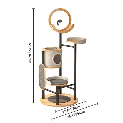 Modern Minimalist Round Rubberwood Solid Wood Carbon Steel Cat Tree 5-Tier For Living Room