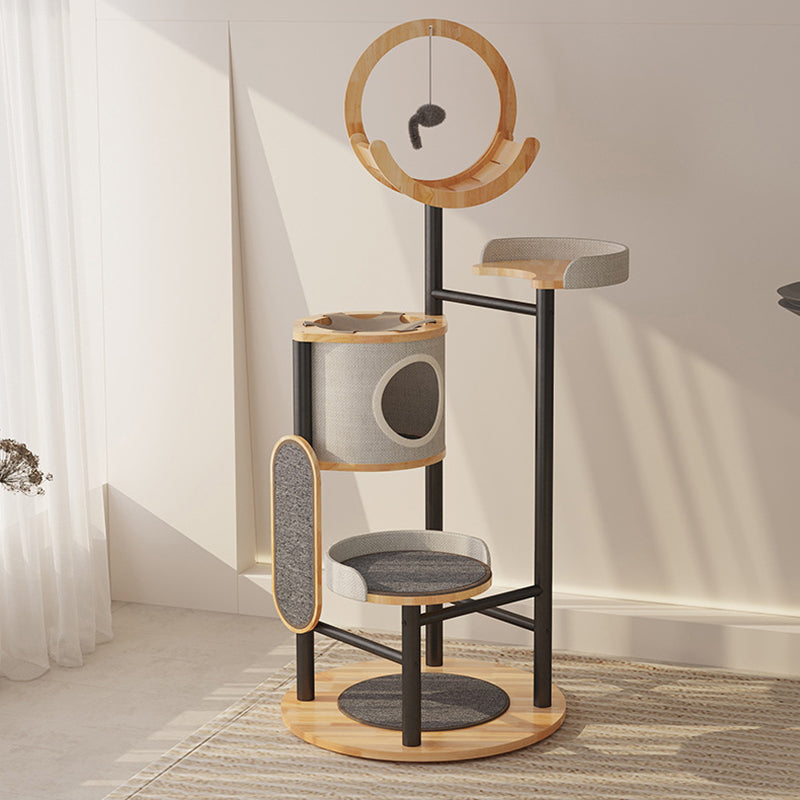 Modern Minimalist Round Rubberwood Solid Wood Carbon Steel Cat Tree 5-Tier For Living Room