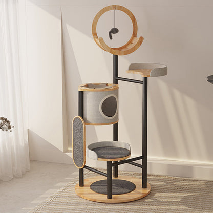 Modern Minimalist Round Rubberwood Solid Wood Carbon Steel Cat Tree 5-Tier For Living Room