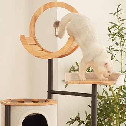 Modern Minimalist Round Rubberwood Solid Wood Carbon Steel Cat Tree 5-Tier For Living Room