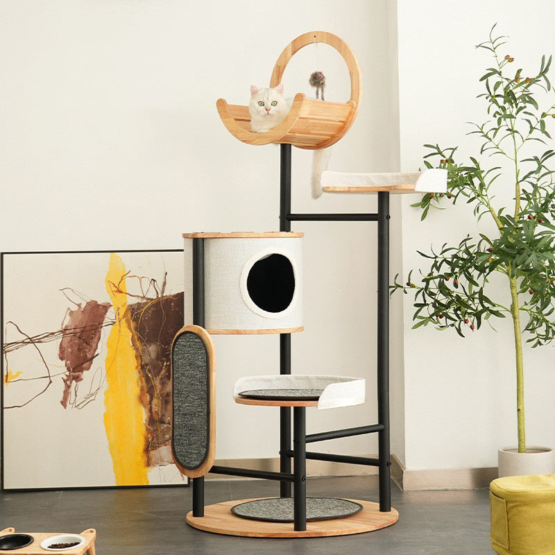 Modern Minimalist Round Rubberwood Solid Wood Carbon Steel Cat Tree 5-Tier For Living Room