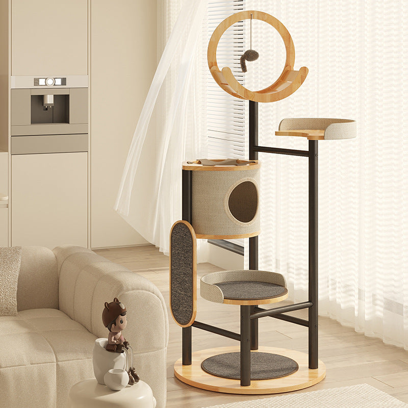 Modern Minimalist Round Rubberwood Solid Wood Carbon Steel Cat Tree 5-Tier For Living Room