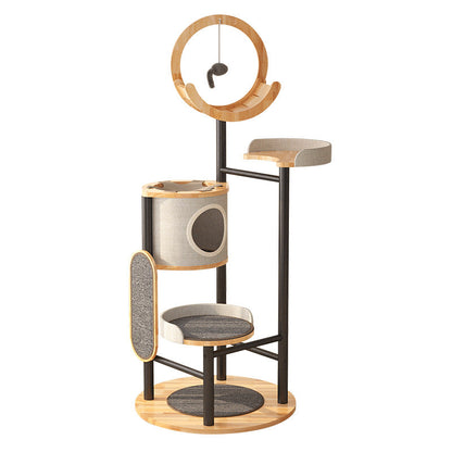 Modern Minimalist Round Rubberwood Solid Wood Carbon Steel Cat Tree 5-Tier For Living Room