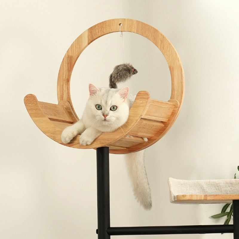 Modern Minimalist Round Rubberwood Solid Wood Carbon Steel Cat Tree 5-Tier For Living Room
