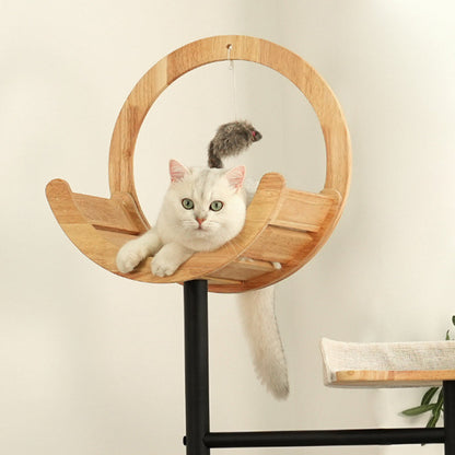 Modern Minimalist Round Rubberwood Solid Wood Carbon Steel Cat Tree 5-Tier For Living Room