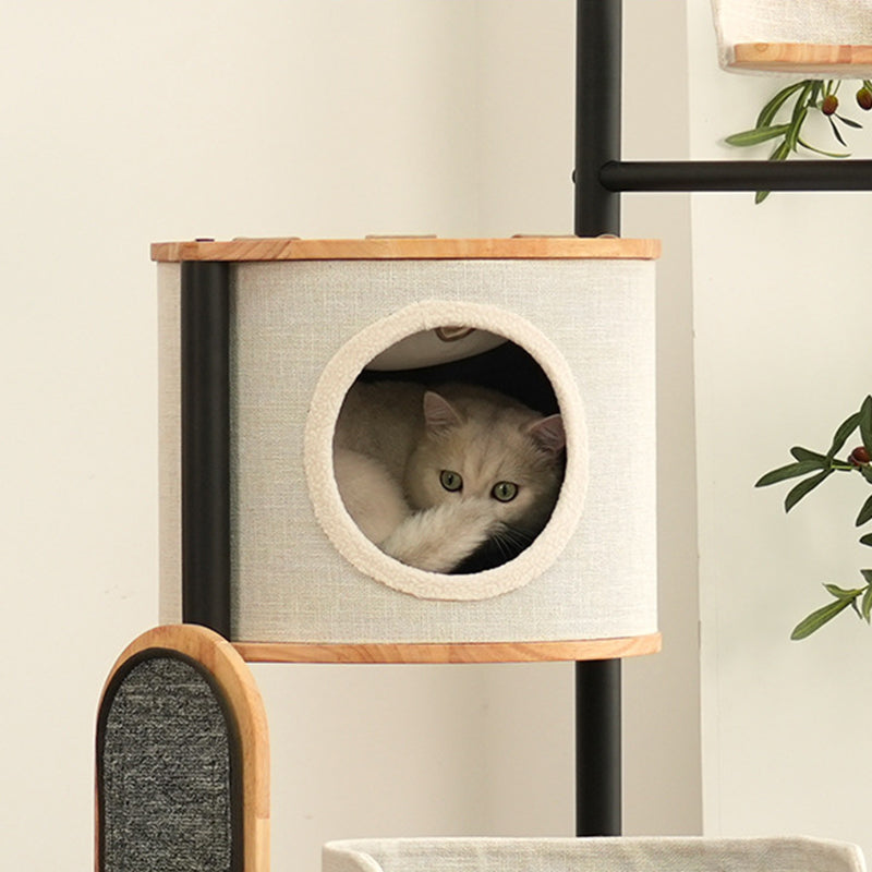 Modern Minimalist Round Rubberwood Solid Wood Carbon Steel Cat Tree 5-Tier For Living Room