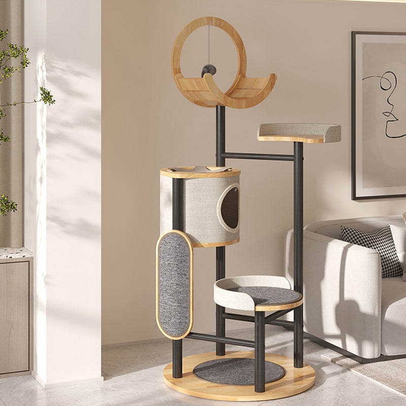 Modern Minimalist Round Rubberwood Solid Wood Carbon Steel Cat Tree 5-Tier For Living Room