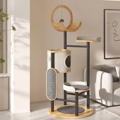 Modern Minimalist Round Rubberwood Solid Wood Carbon Steel Cat Tree 5-Tier For Living Room