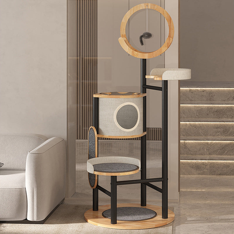 Modern Minimalist Round Rubberwood Solid Wood Carbon Steel Cat Tree 5-Tier For Living Room