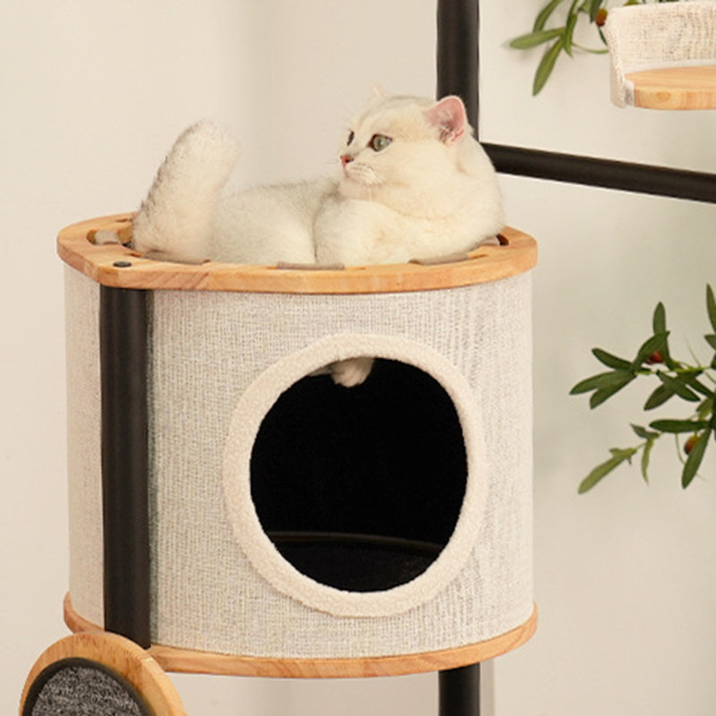 Modern Minimalist Round Rubberwood Solid Wood Carbon Steel Cat Tree 5-Tier For Living Room