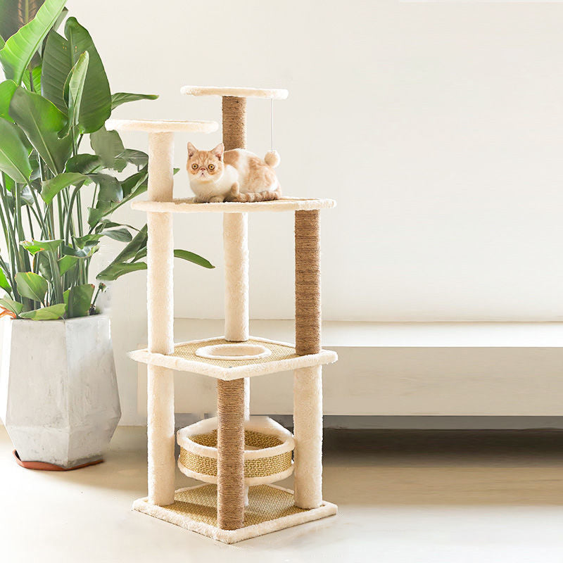 Contemporary Scandinavian Square Particle Board Fabric Jute Rattan Mat Cat Tree 3/4/5-Tier For Living Room