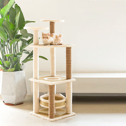 Contemporary Scandinavian Square Particle Board Fabric Jute Rattan Mat Cat Tree 3/4/5-Tier For Living Room