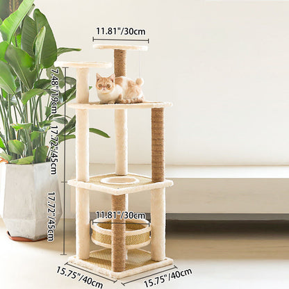Contemporary Scandinavian Square Particle Board Fabric Jute Rattan Mat Cat Tree 3/4/5-Tier For Living Room