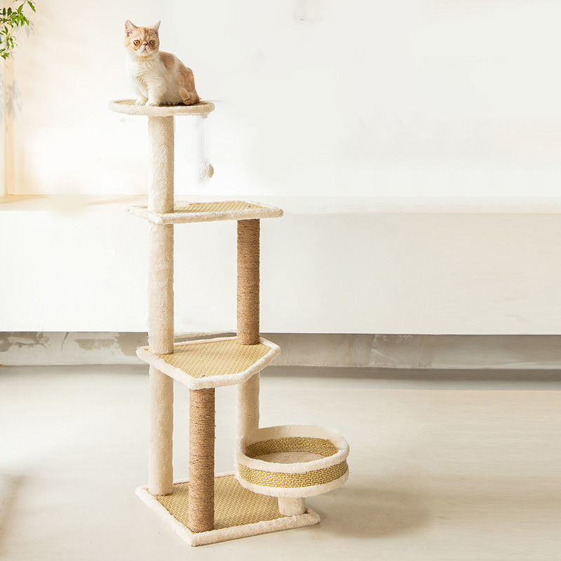 Contemporary Scandinavian Square Particle Board Fabric Jute Rattan Mat Cat Tree 3/4/5-Tier For Living Room