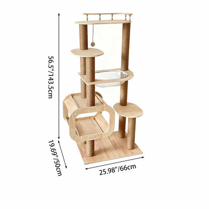 Contemporary Scandinavian Rectangular Multi-Layer Solid Wood Panel Jute Rope Acrylic Cat Tree 5-Tier For Living Room