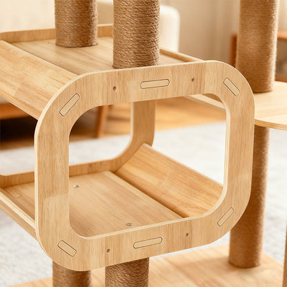 Contemporary Scandinavian Rectangular Multi-Layer Solid Wood Panel Jute Rope Acrylic Cat Tree 5-Tier For Living Room