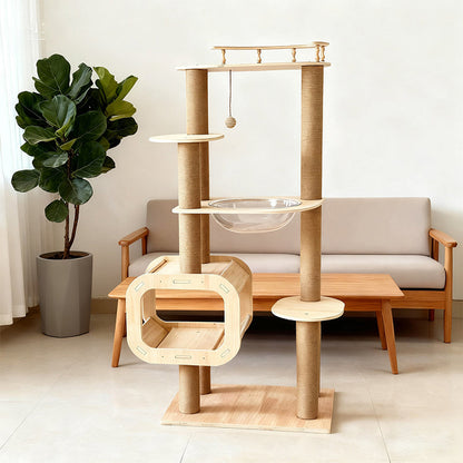 Contemporary Scandinavian Rectangular Multi-Layer Solid Wood Panel Jute Rope Acrylic Cat Tree 5-Tier For Living Room