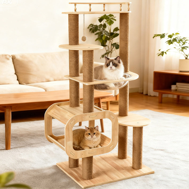 Contemporary Scandinavian Rectangular Multi-Layer Solid Wood Panel Jute Rope Acrylic Cat Tree 5-Tier For Living Room