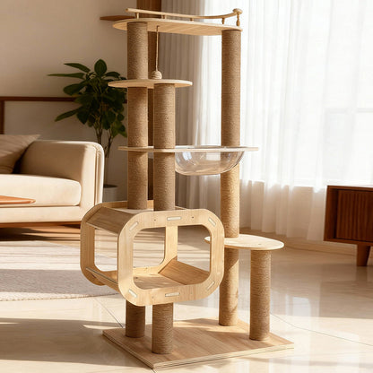 Contemporary Scandinavian Rectangular Multi-Layer Solid Wood Panel Jute Rope Acrylic Cat Tree 5-Tier For Living Room