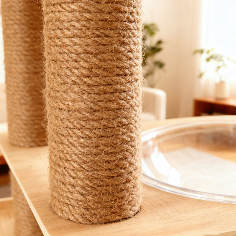 Contemporary Scandinavian Rectangular Multi-Layer Solid Wood Panel Jute Rope Acrylic Cat Tree 5-Tier For Living Room