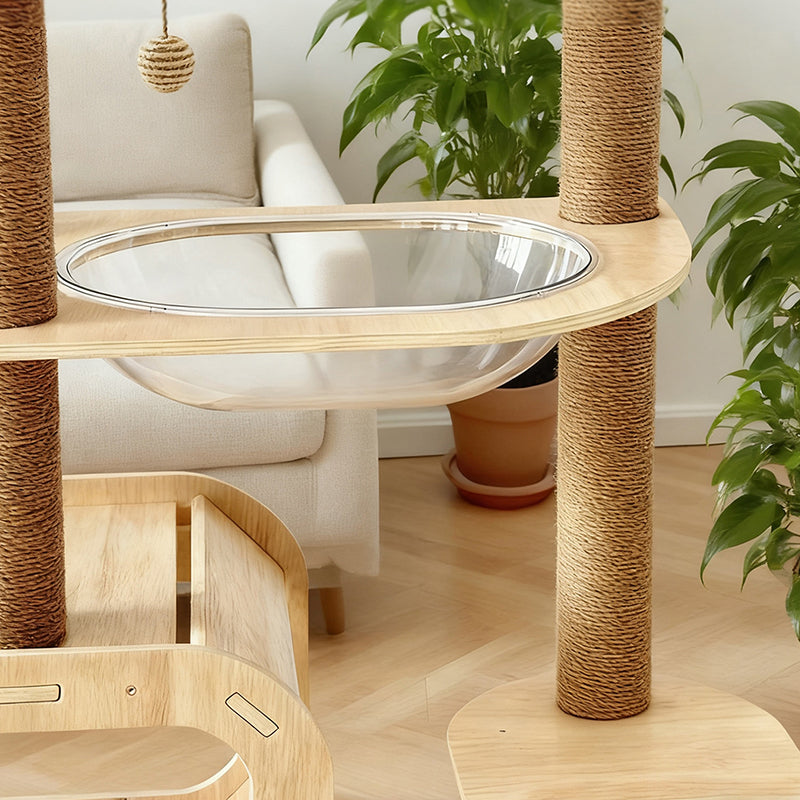 Contemporary Scandinavian Rectangular Multi-Layer Solid Wood Panel Jute Rope Acrylic Cat Tree 5-Tier For Living Room