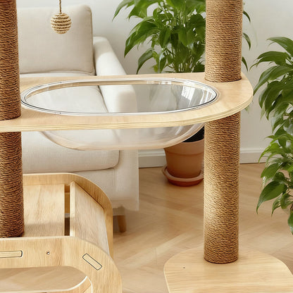 Contemporary Scandinavian Rectangular Multi-Layer Solid Wood Panel Jute Rope Acrylic Cat Tree 5-Tier For Living Room