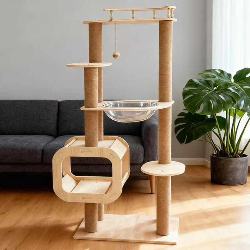 Contemporary Scandinavian Rectangular Multi-Layer Solid Wood Panel Jute Rope Acrylic Cat Tree 5-Tier For Living Room