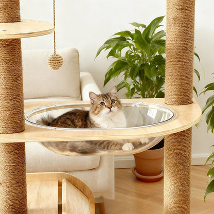 Contemporary Scandinavian Rectangular Multi-Layer Solid Wood Panel Jute Rope Acrylic Cat Tree 5-Tier For Living Room