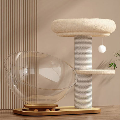 Contemporary Scandinavian Round Pine Wood Panel Sisal Velvet Fabric Cat Tree For Living Room
