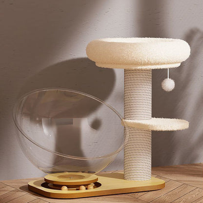 Contemporary Scandinavian Round Pine Wood Panel Sisal Velvet Fabric Cat Tree For Living Room