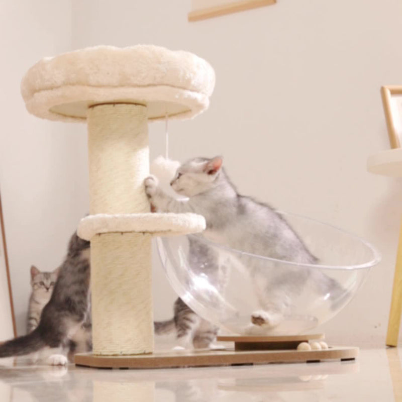 Contemporary Scandinavian Round Pine Wood Panel Sisal Velvet Fabric Cat Tree For Living Room