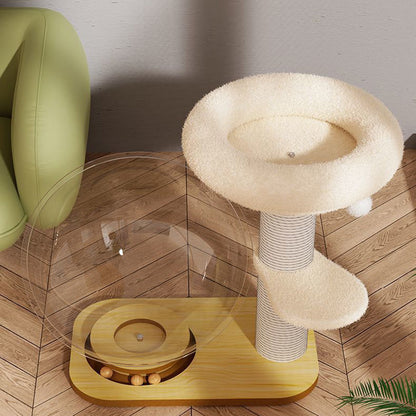 Contemporary Scandinavian Round Pine Wood Panel Sisal Velvet Fabric Cat Tree For Living Room