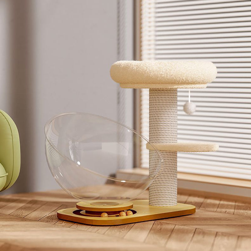 Contemporary Scandinavian Round Pine Wood Panel Sisal Velvet Fabric Cat Tree For Living Room