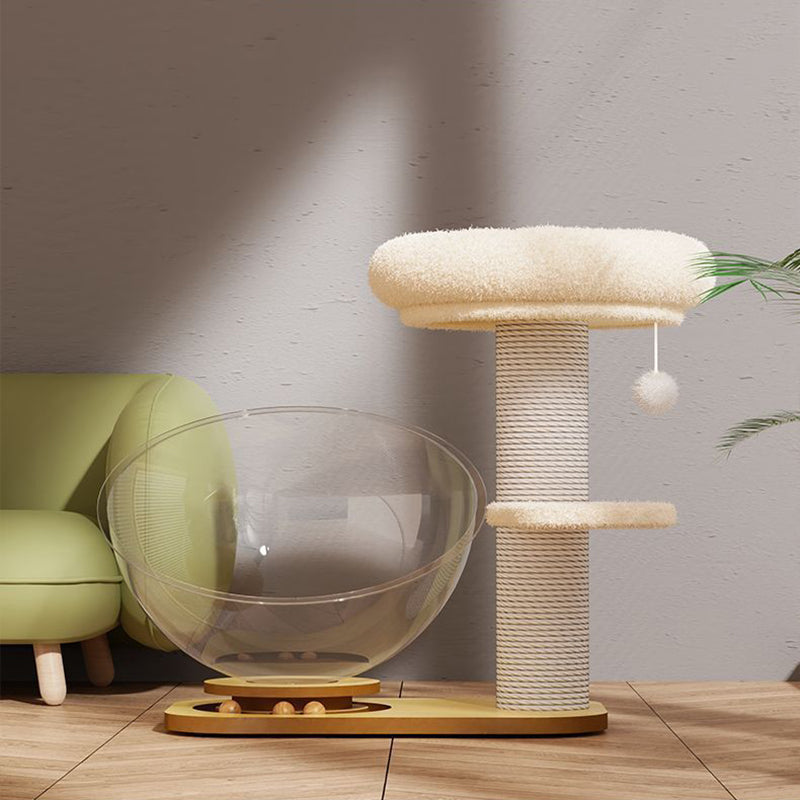 Contemporary Scandinavian Round Pine Wood Panel Sisal Velvet Fabric Cat Tree For Living Room